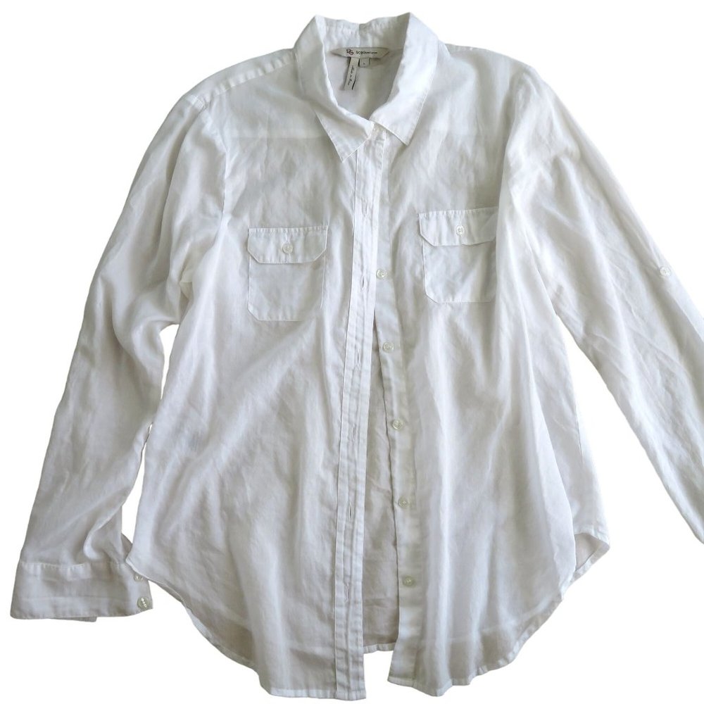 BCBG Sheer White Cotton Blouse Large Button Up Roll Tab Long Sleeves